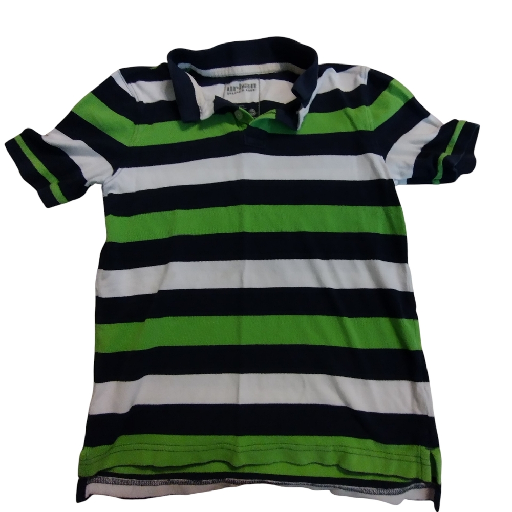 2/$10 Urban Pipeline Boys Green & Navy Stripe Polo Shirt Large Collar